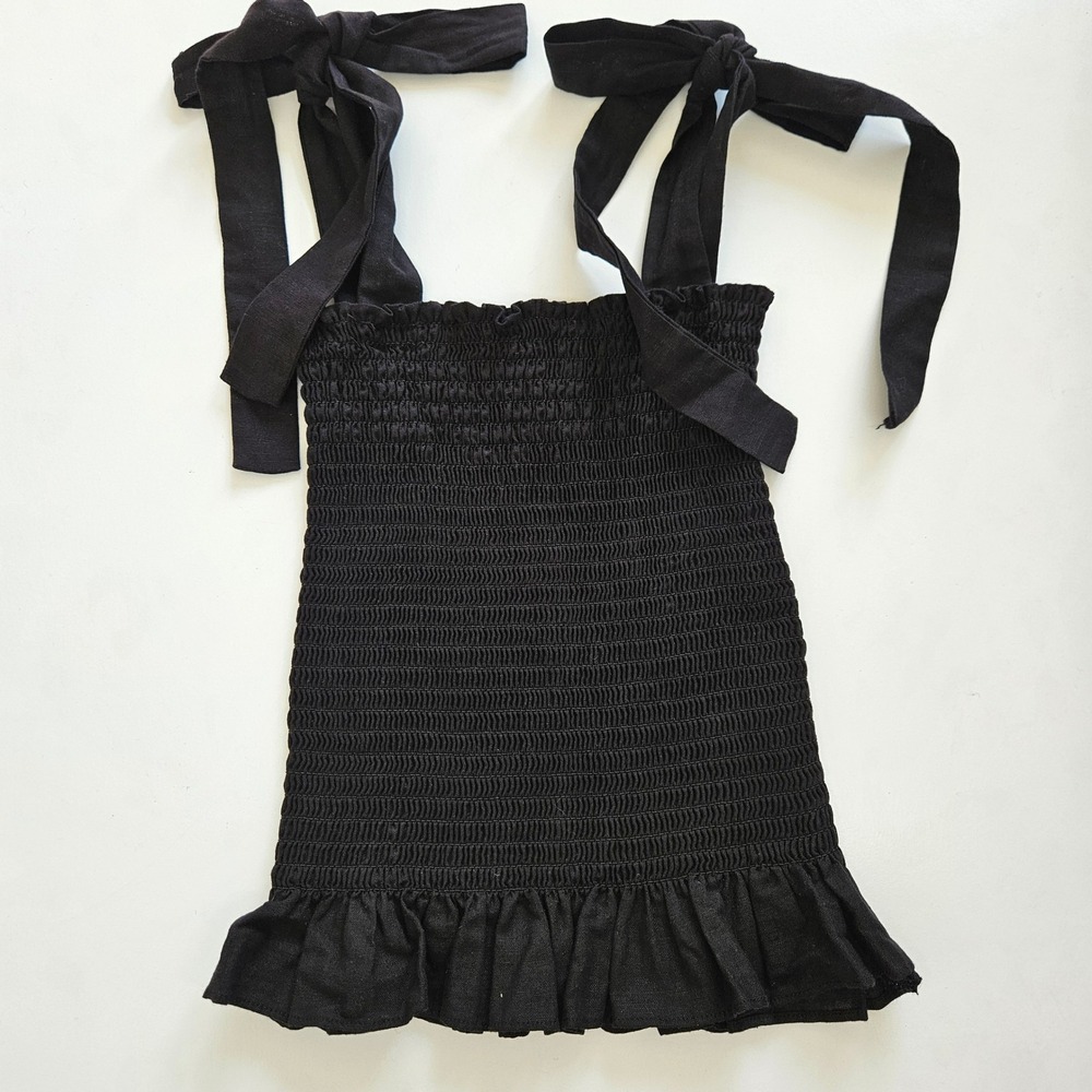 Kourt Black Smocked Linen Blend Tie Shoulder Peplum Little Black Top XS‎ - Picture 4 of 10